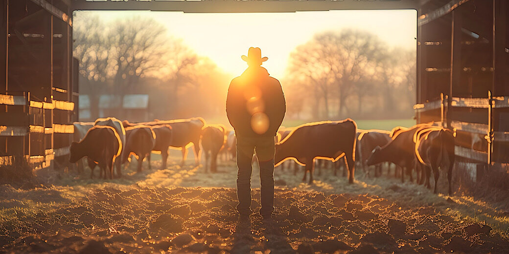 Cows in stables being fed by worker in cattle farm barn.