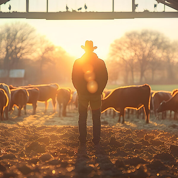 Cows in stables being fed by worker in cattle farm barn.