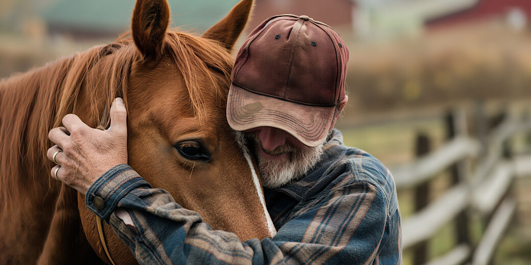 A man wearing a plaid shirt is embracing a chestnut horse in a beautiful landscape.