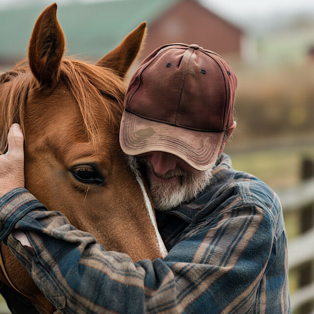 A man wearing a plaid shirt is embracing a chestnut horse in a beautiful landscape.