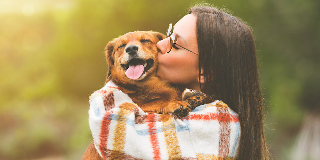 Young woman hugging and kissing dog. Dog and owner together outdoors. Love and friendship between dog and owner.