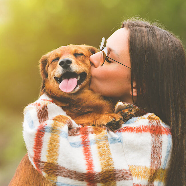 Young woman hugging and kissing dog. Dog and owner together outdoors. Love and friendship between dog and owner.