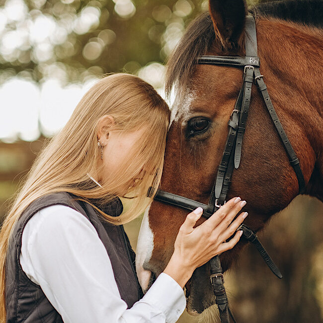 A young female equestrian stands near her horse and prepares for a competition. Show jumping training. Love for horses.