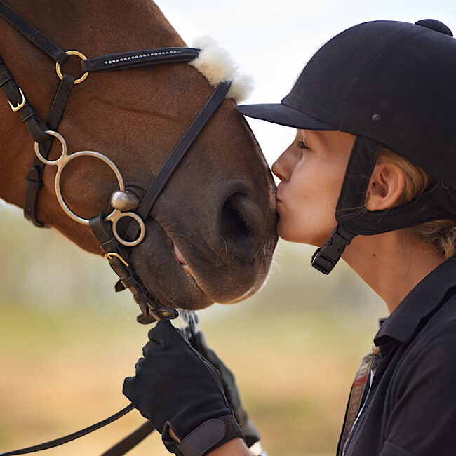 A young female rider being affectionate with her chestnut horse