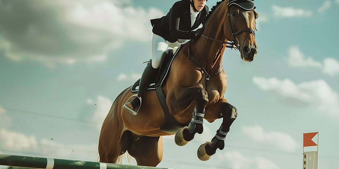 An elegant equestrian scene featuring a rider and horse mid-jump over a green barrier, showcasing their strength and coordination under a bright sky.