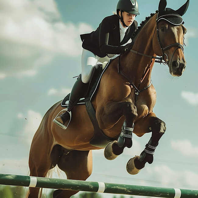 An elegant equestrian scene featuring a rider and horse mid-jump over a green barrier, showcasing their strength and coordination under a bright sky.