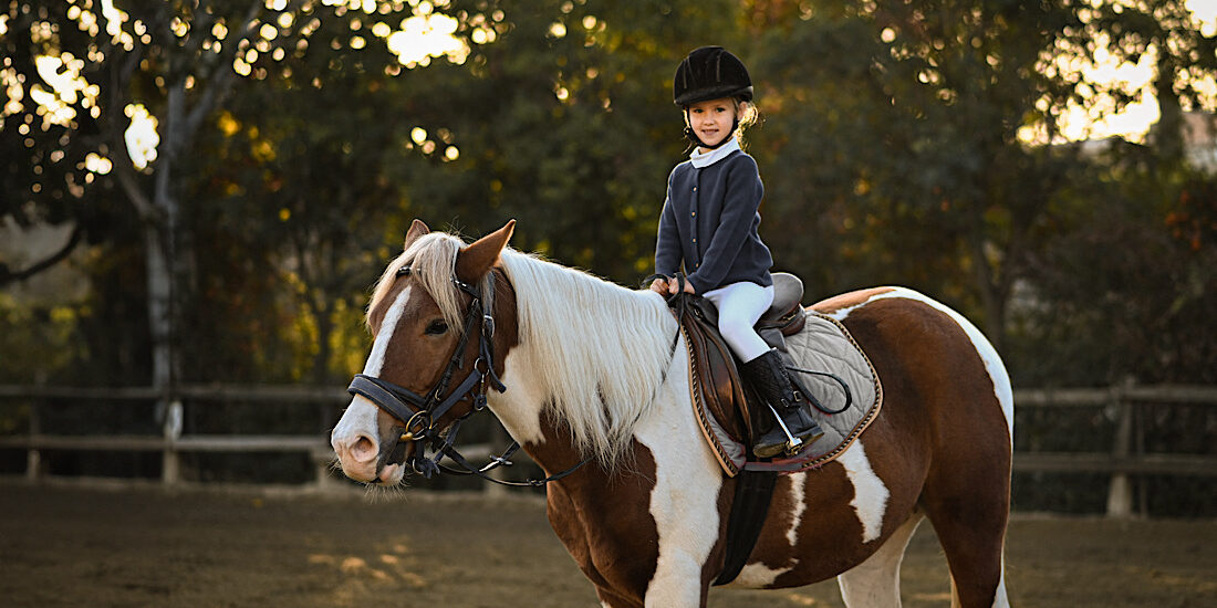 A young girl rider in a helmet and equestrian boots sits on her beloved horse at the stable, enjoying a peaceful horseback ride.