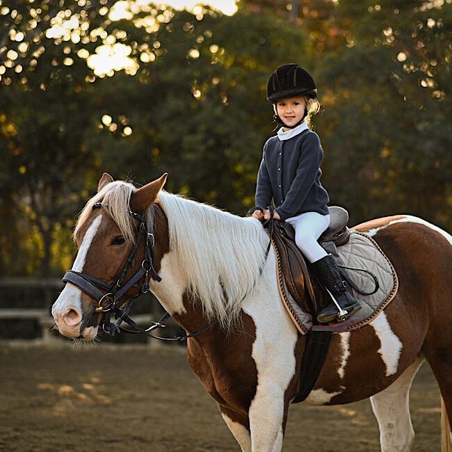 A young girl rider in a helmet and equestrian boots sits on her beloved horse at the stable, enjoying a peaceful horseback ride.