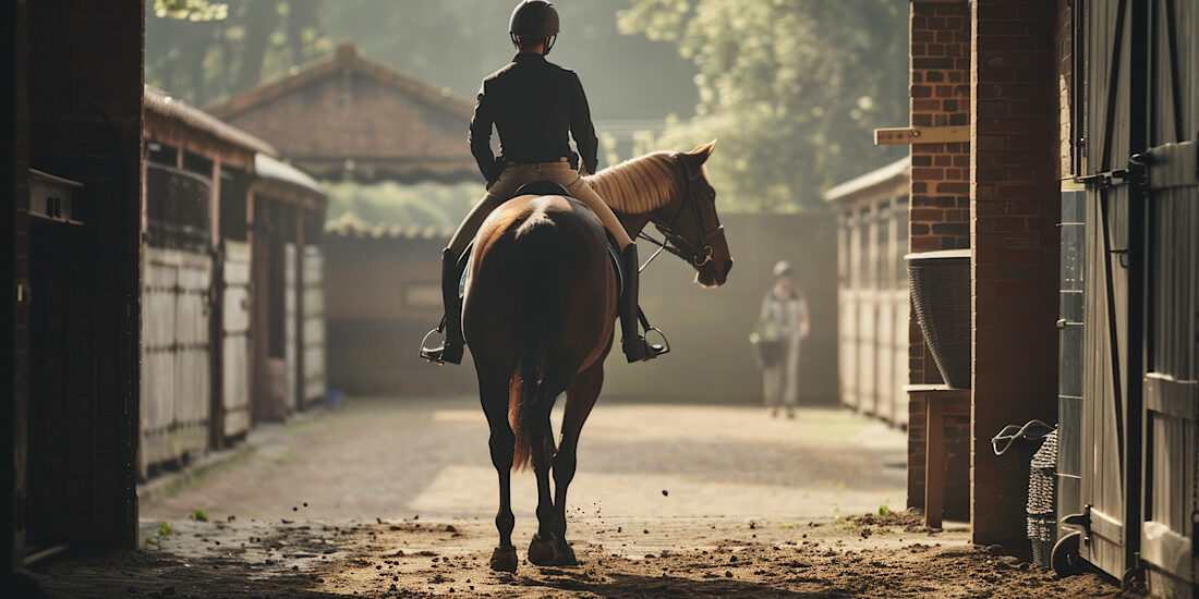Leading a horse out of the stable in the early morning light at a serene equestrian center.