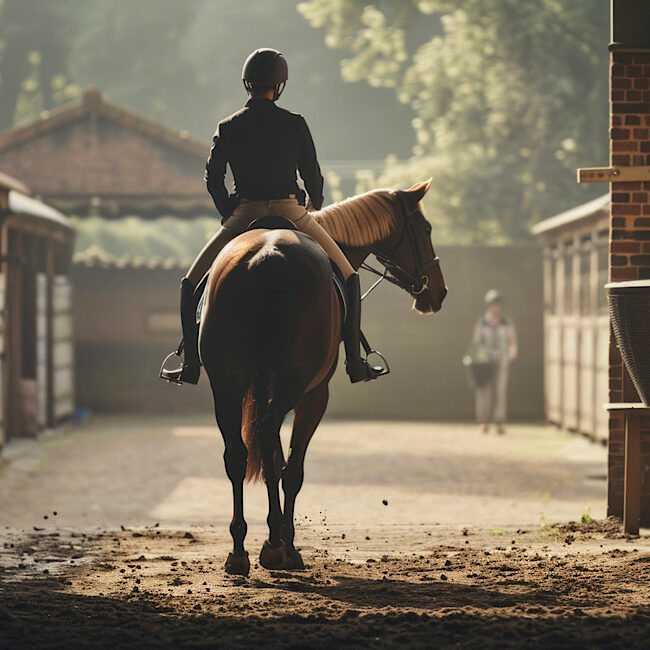 Leading a horse out of the stable in the early morning light at a serene equestrian center.