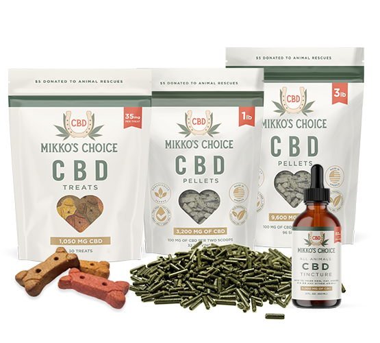Mikko’s Choice CBD product lineup with dog treats, pellets, and tincture