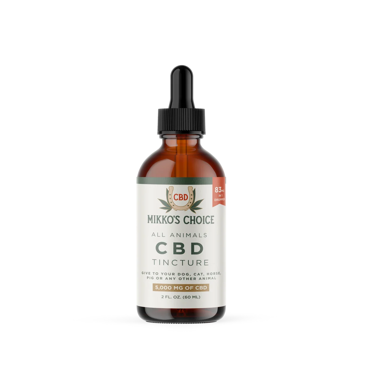 Mikko's Choice 5,000 mg all-animals CBD tincture bottle, front view